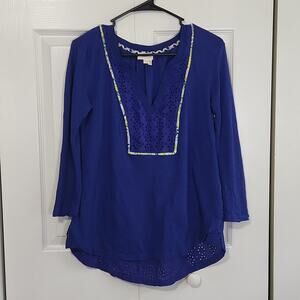 Anthropologie Meadow Rue Blue Purple‎ Burnout 3/4 Sleeves Linen Blouse Size XS